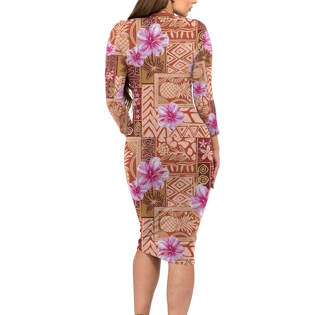 Orange Hawaii Hibiscus With Tropical Flowers Motifs Family Matching Long Sleeve Bodycon Dress and Hawaiian Shirt - Polynesian Pride