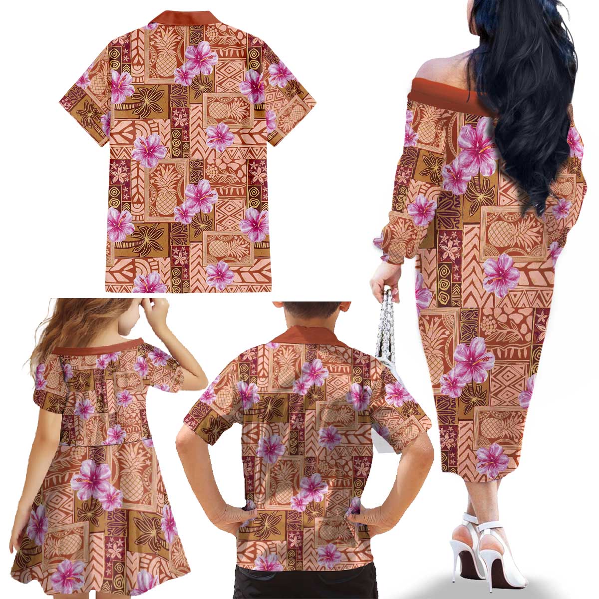 Orange Hawaii Hibiscus With Tropical Flowers Motifs Family Matching Off The Shoulder Long Sleeve Dress and Hawaiian Shirt - Polynesian Pride