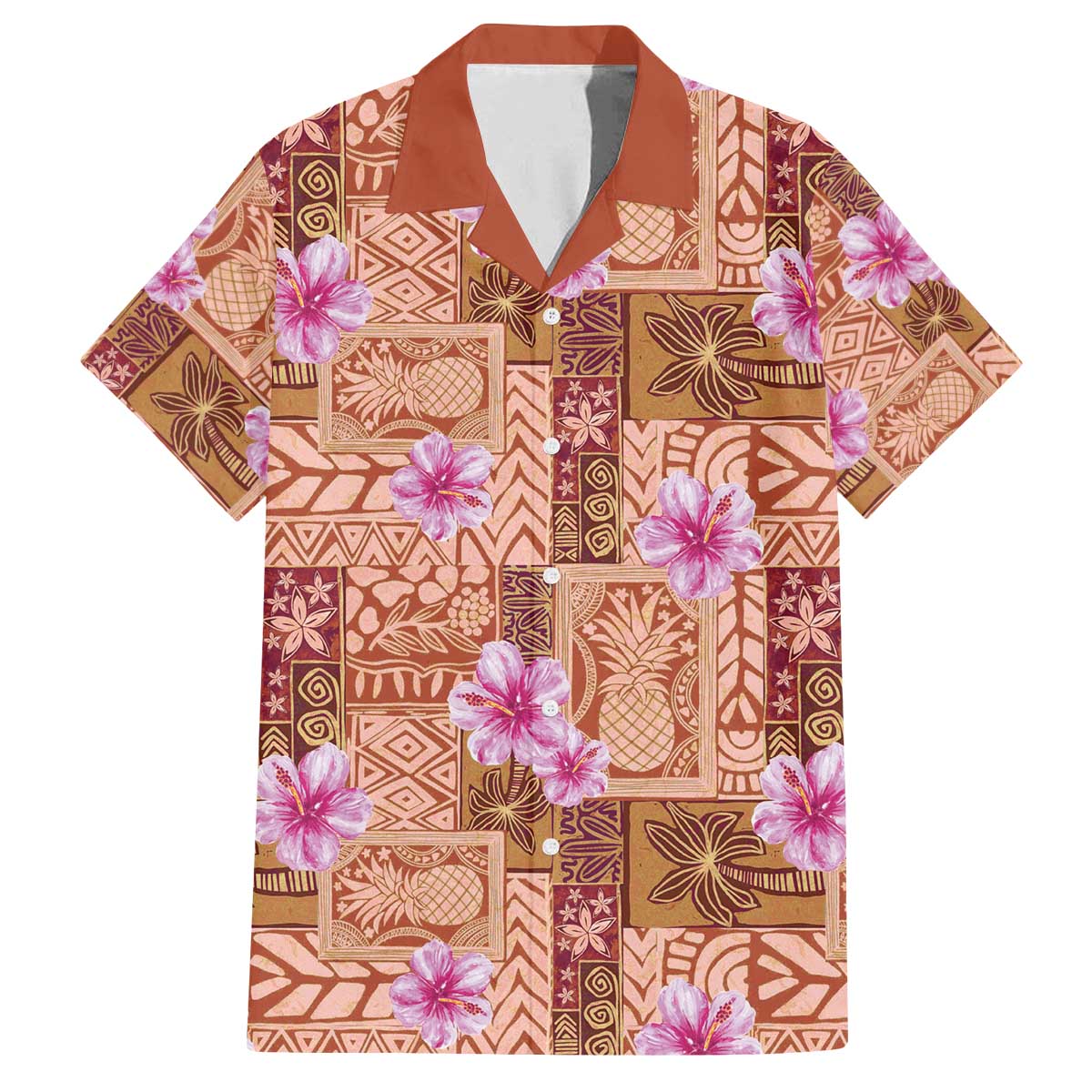 Orange Hawaii Hibiscus With Tropical Flowers Motifs Family Matching Off The Shoulder Long Sleeve Dress and Hawaiian Shirt - Polynesian Pride