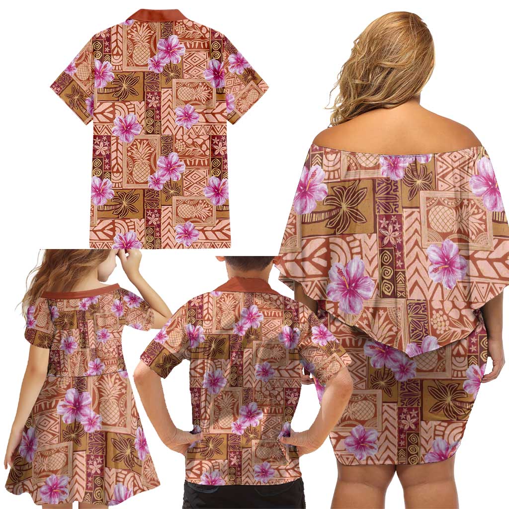 Orange Hawaii Hibiscus With Tropical Flowers Motifs Family Matching Off Shoulder Short Dress and Hawaiian Shirt - Polynesian Pride