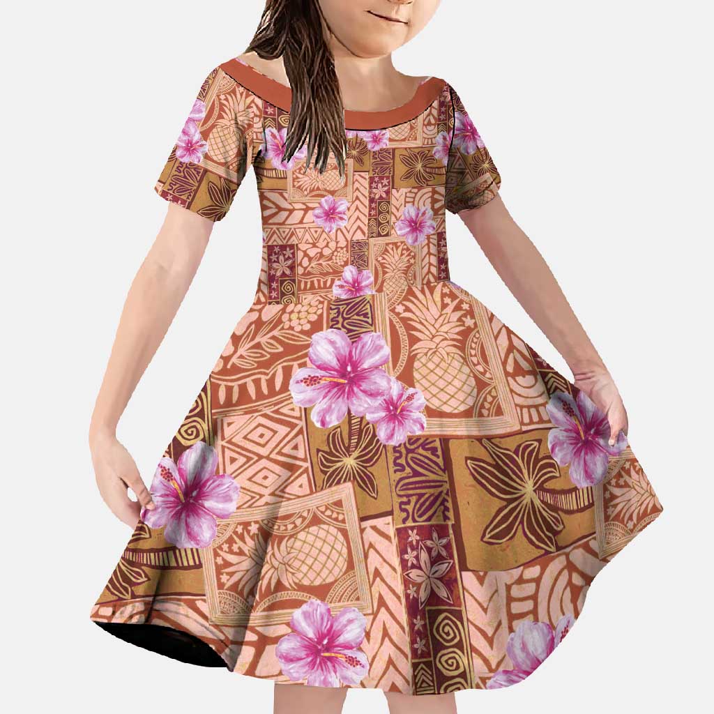 Orange Hawaii Hibiscus With Tropical Flowers Motifs Family Matching Short Sleeve Bodycon Dress and Hawaiian Shirt - Polynesian Pride