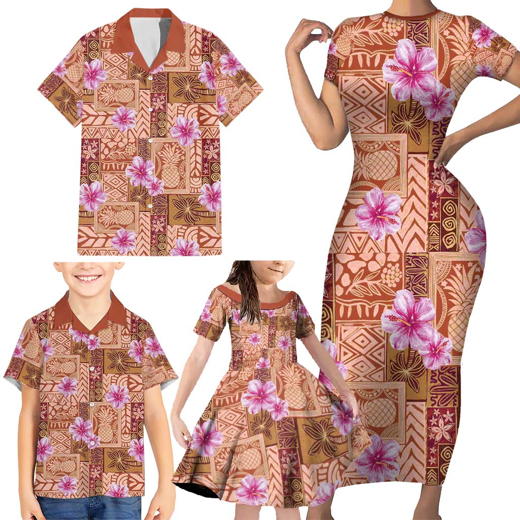 Orange Hawaii Hibiscus With Tropical Flowers Motifs Family Matching Short Sleeve Bodycon Dress and Hawaiian Shirt - Polynesian Pride
