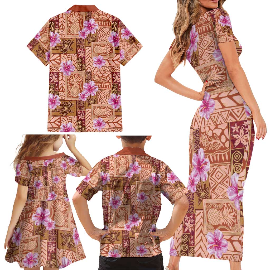 Orange Hawaii Hibiscus With Tropical Flowers Motifs Family Matching Short Sleeve Bodycon Dress and Hawaiian Shirt - Polynesian Pride
