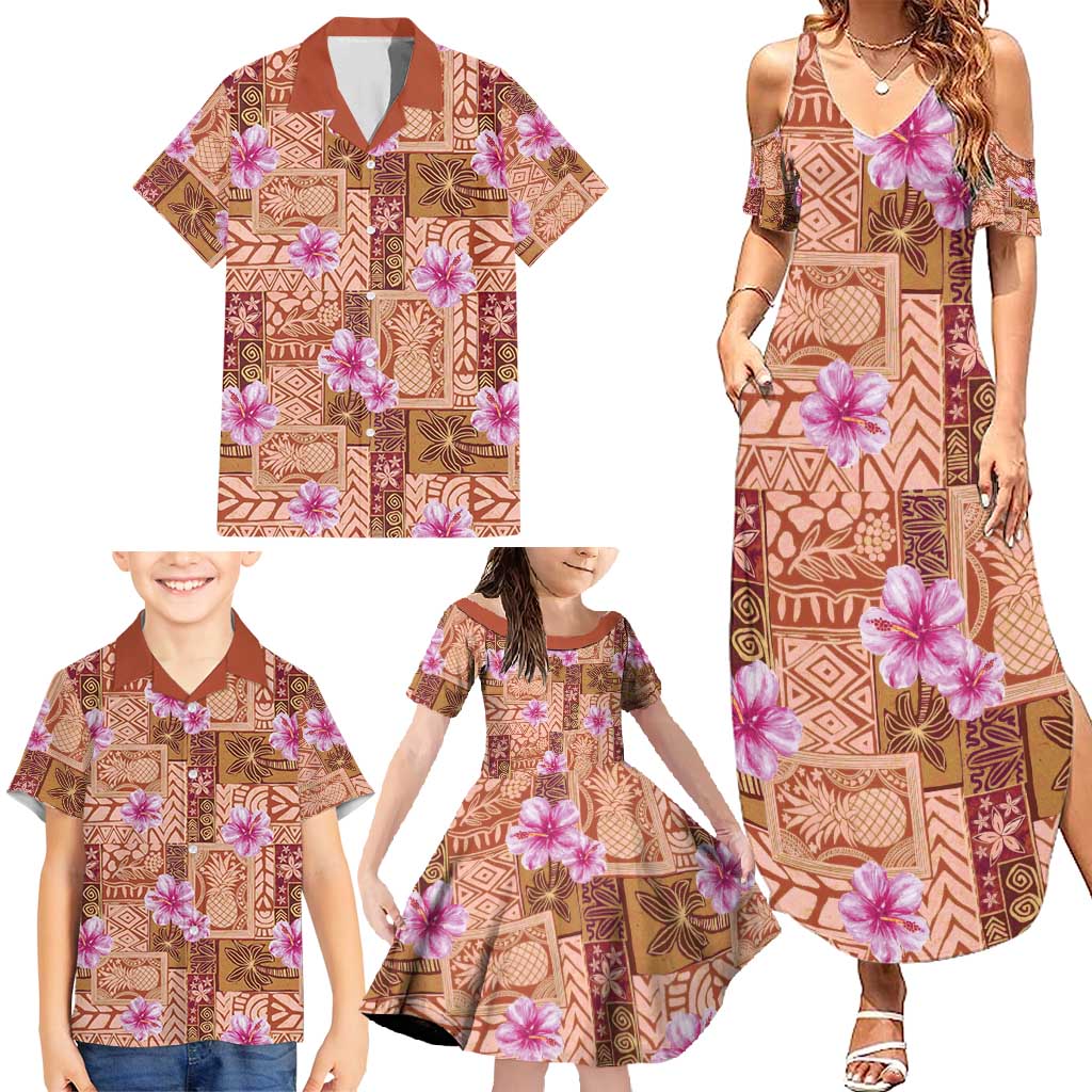 Orange Hawaii Hibiscus With Tropical Flowers Motifs Family Matching Summer Maxi Dress and Hawaiian Shirt - Polynesian Pride