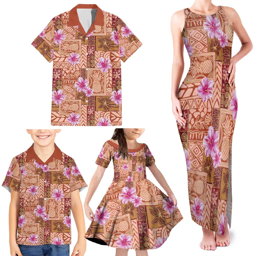 Orange Hawaii Hibiscus With Tropical Flowers Motifs Family Matching Tank Maxi Dress and Hawaiian Shirt - Polynesian Pride