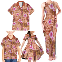 Orange Hawaii Hibiscus With Tropical Flowers Motifs Family Matching Tank Maxi Dress and Hawaiian Shirt - Polynesian Pride