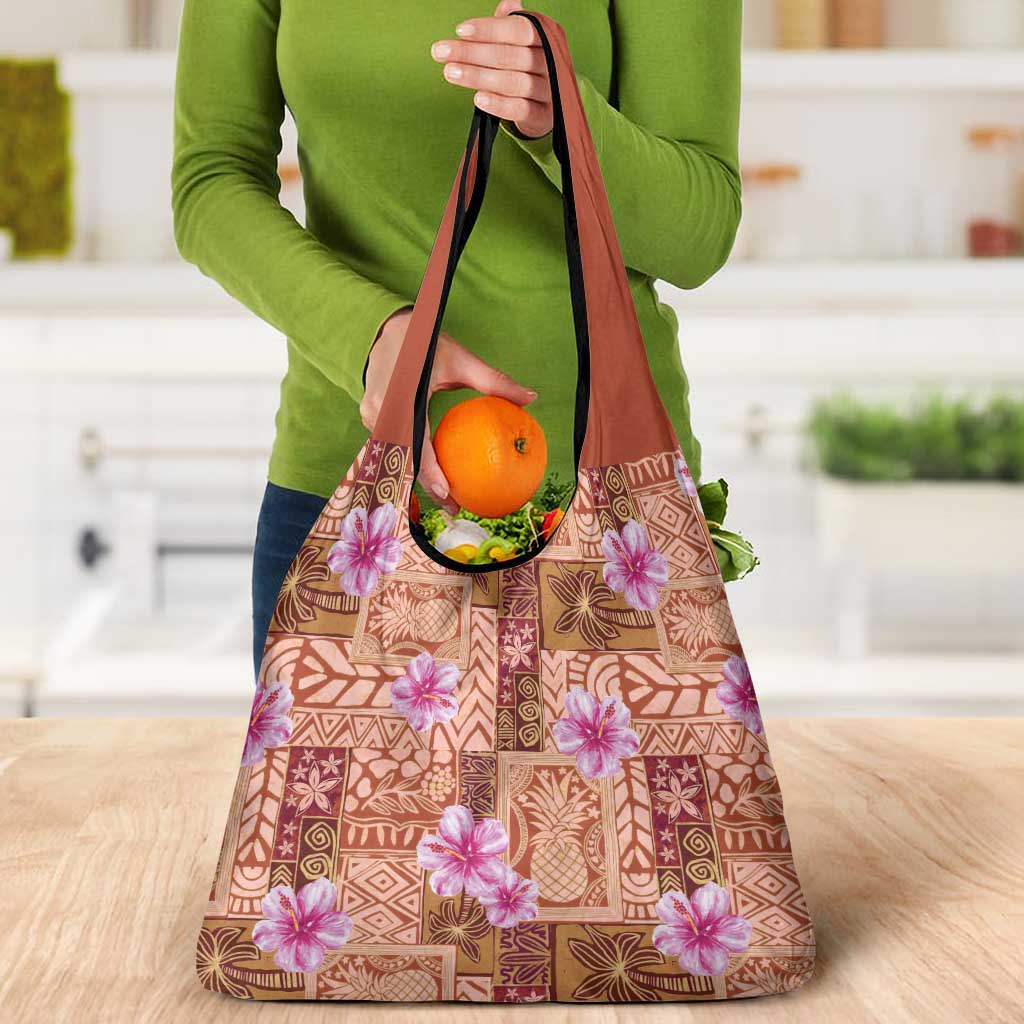 Orange Hawaii Hibiscus With Tropical Flowers Motifs Grocery Bag - Polynesian Pride