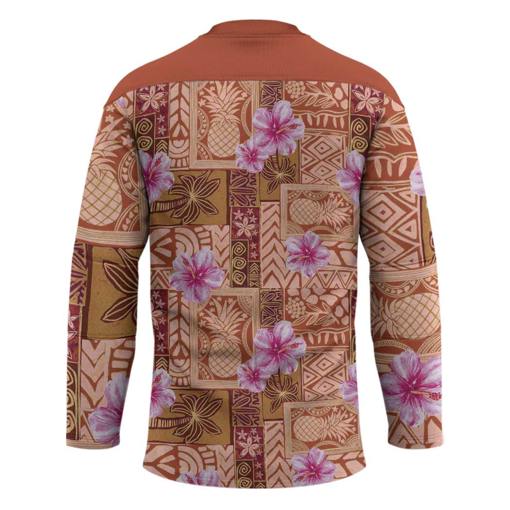 Orange Hawaii Hibiscus With Tropical Flowers Motifs Hockey Jersey - Polynesian Pride