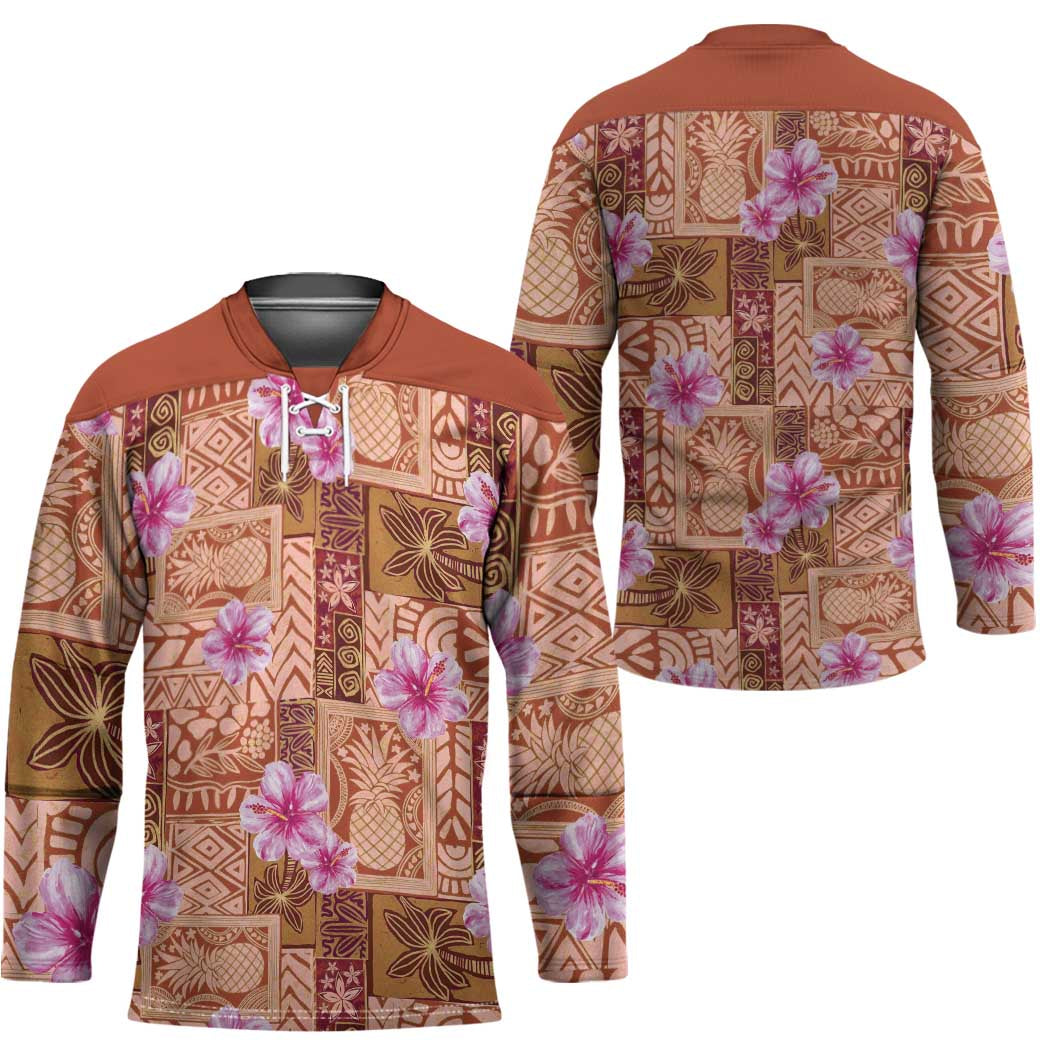 Orange Hawaii Hibiscus With Tropical Flowers Motifs Hockey Jersey - Polynesian Pride