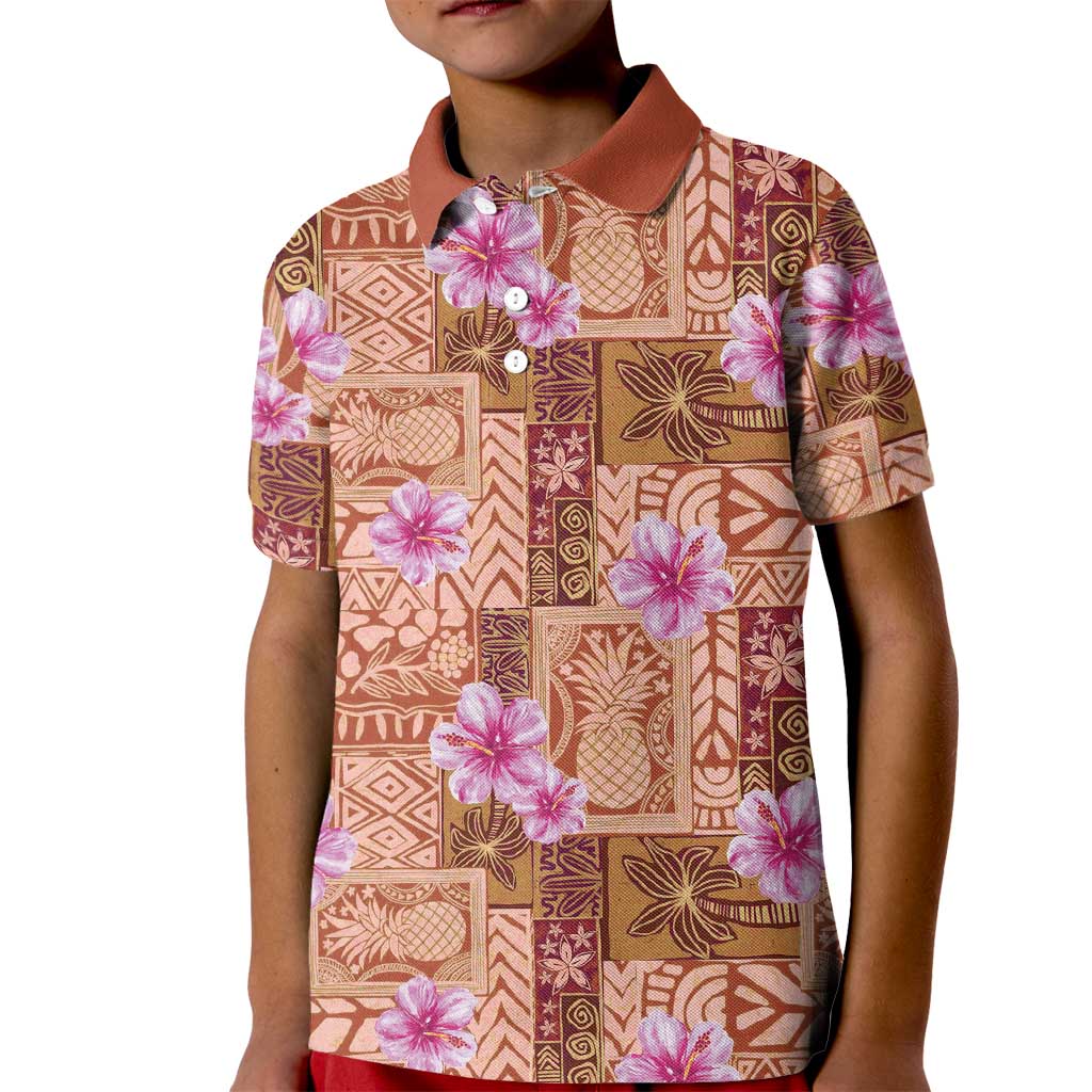 Orange Hawaii Hibiscus With Tropical Flowers Motifs Kid Polo Shirt - Polynesian Pride