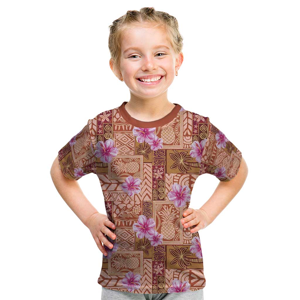 Orange Hawaii Hibiscus With Tropical Flowers Motifs Kid T Shirt - Polynesian Pride