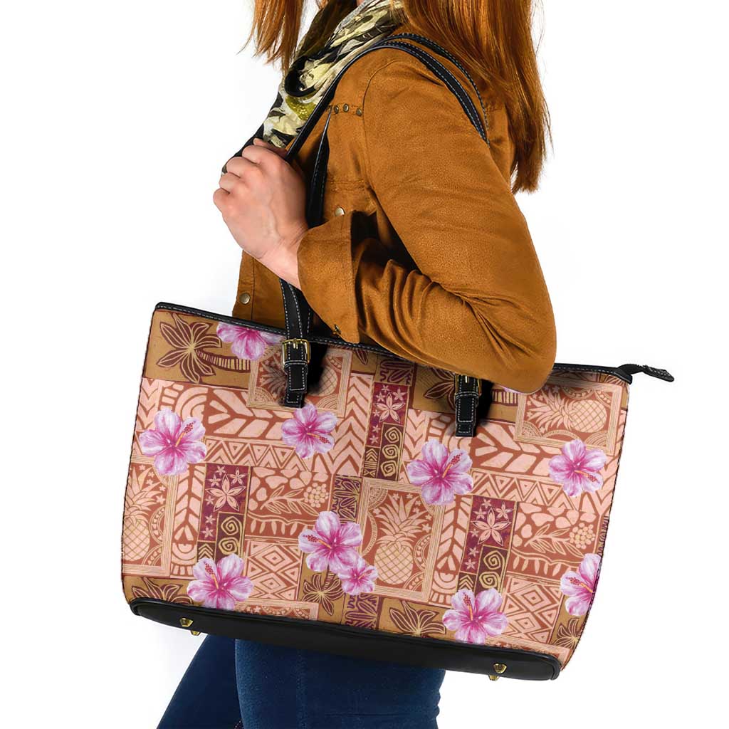 Orange Hawaii Hibiscus With Tropical Flowers Motifs Leather Tote Bag - Polynesian Pride