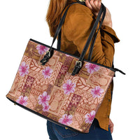 Orange Hawaii Hibiscus With Tropical Flowers Motifs Leather Tote Bag - Polynesian Pride