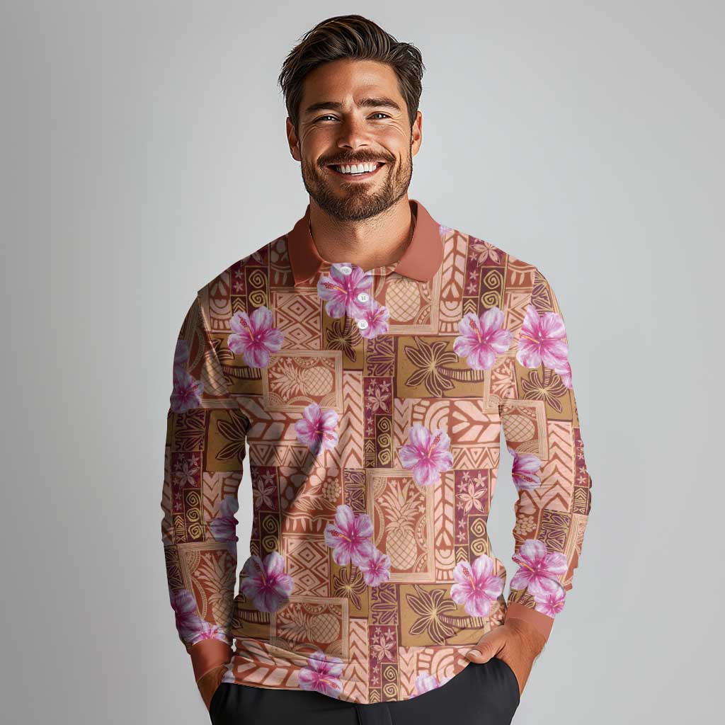 Orange Hawaii Hibiscus With Tropical Flowers Motifs Long Sleeve Polo Shirt - Polynesian Pride
