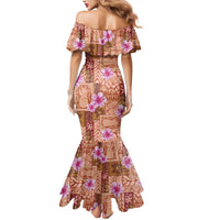 Orange Hawaii Hibiscus With Tropical Flowers Motifs Mermaid Dress - Polynesian Pride