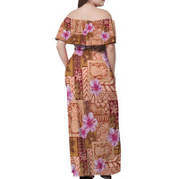 Orange Hawaii Hibiscus With Tropical Flowers Motifs Off Shoulder Maxi Dress - Polynesian Pride