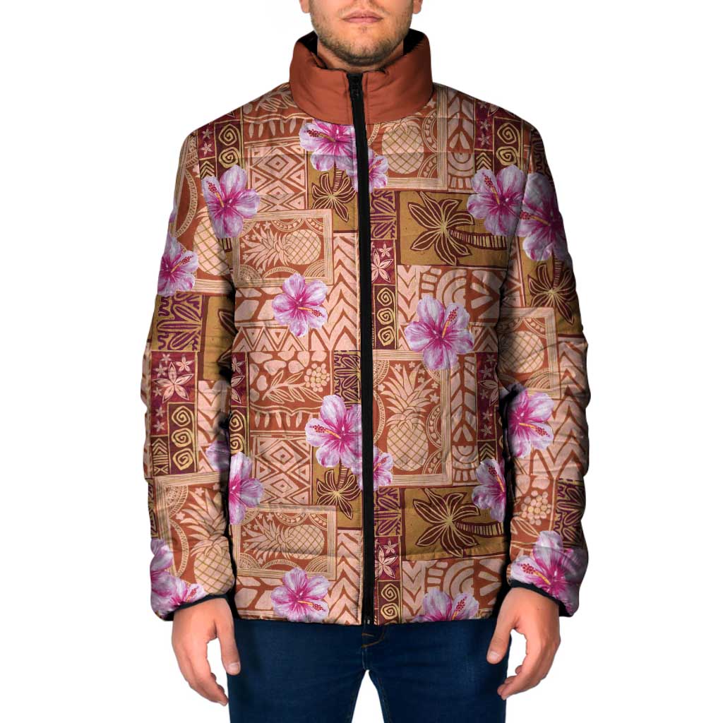 Orange Hawaii Hibiscus With Tropical Flowers Motifs Padded Jacket - Polynesian Pride