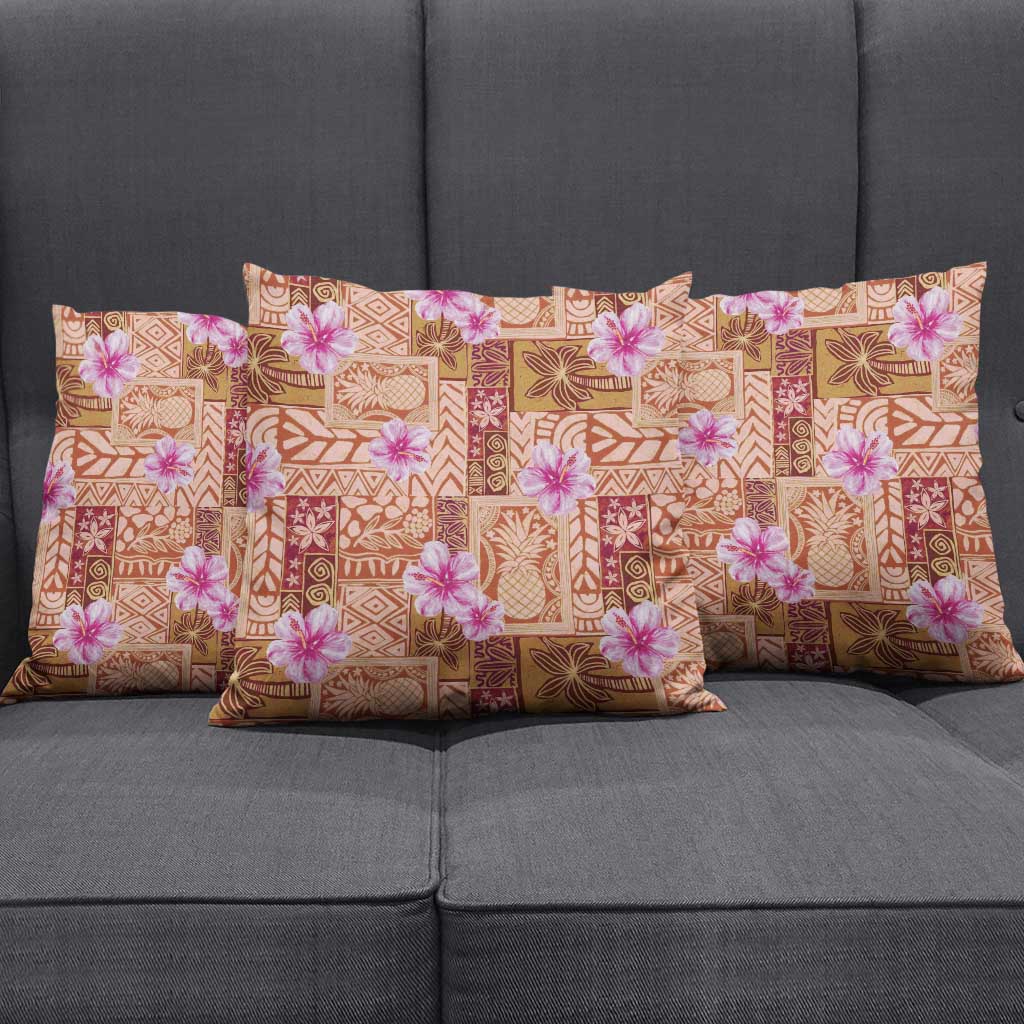 Orange Hawaii Hibiscus With Tropical Flowers Motifs Pillow Cover - Polynesian Pride
