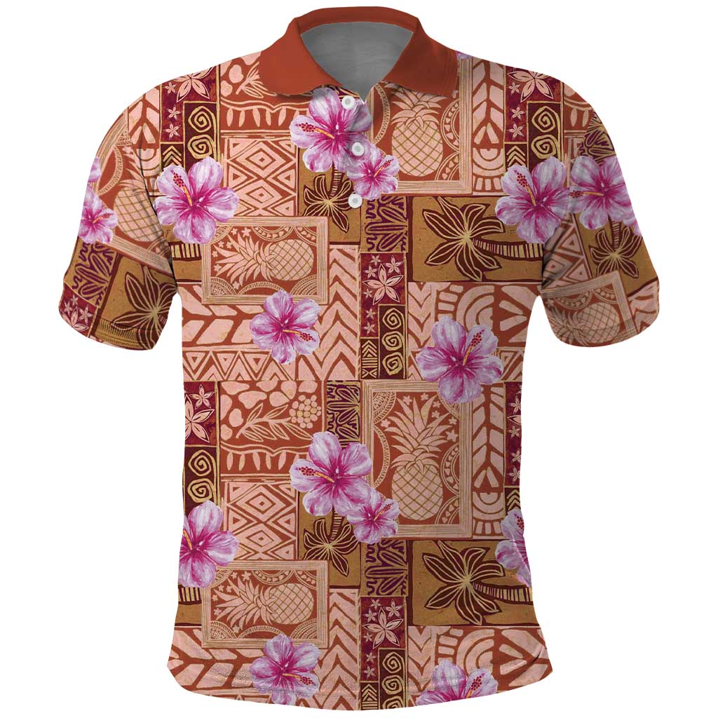 Orange Hawaii Hibiscus With Tropical Flowers Motifs Polo Shirt - Polynesian Pride