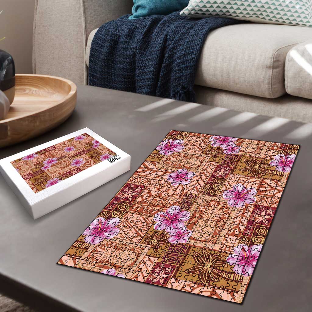 Orange Hawaii Hibiscus With Tropical Flowers Motifs Puzzle - Polynesian Pride