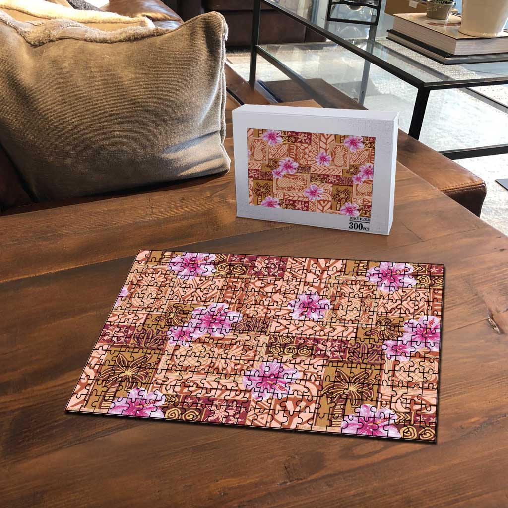 Orange Hawaii Hibiscus With Tropical Flowers Motifs Puzzle - Polynesian Pride