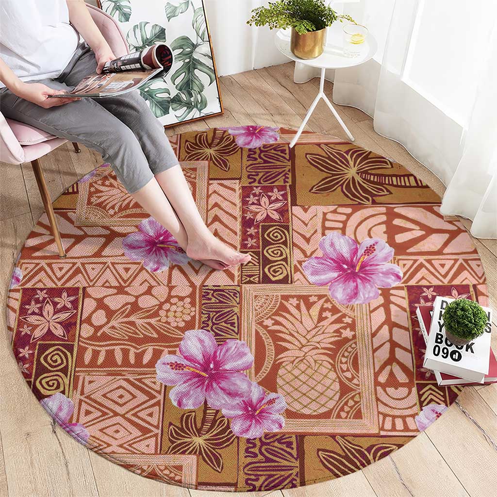 Orange Hawaii Hibiscus With Tropical Flowers Motifs Round Carpet - Polynesian Pride