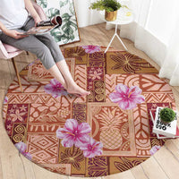 Orange Hawaii Hibiscus With Tropical Flowers Motifs Round Carpet - Polynesian Pride