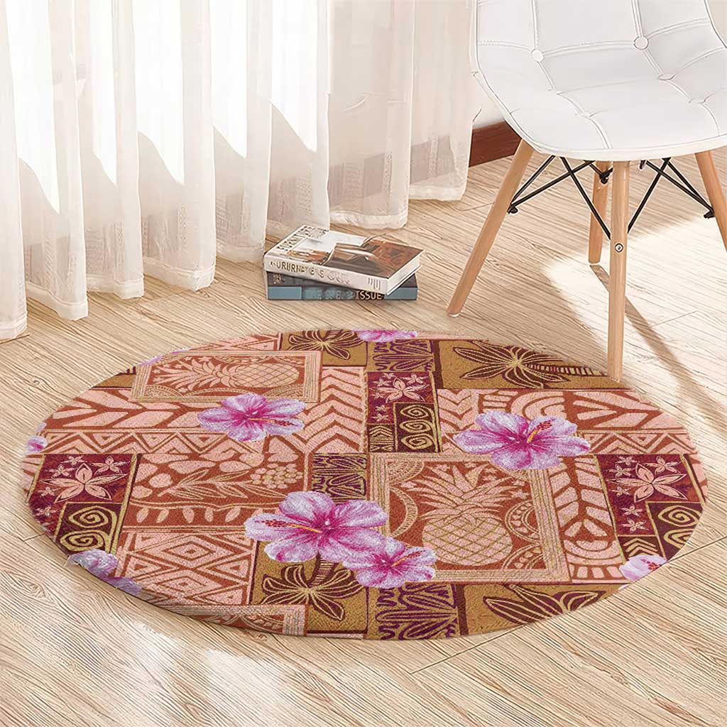 Orange Hawaii Hibiscus With Tropical Flowers Motifs Round Carpet - Polynesian Pride