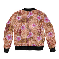 Orange Hawaii Hibiscus With Tropical Flowers Motifs Sleeve Zip Bomber Jacket - Polynesian Pride