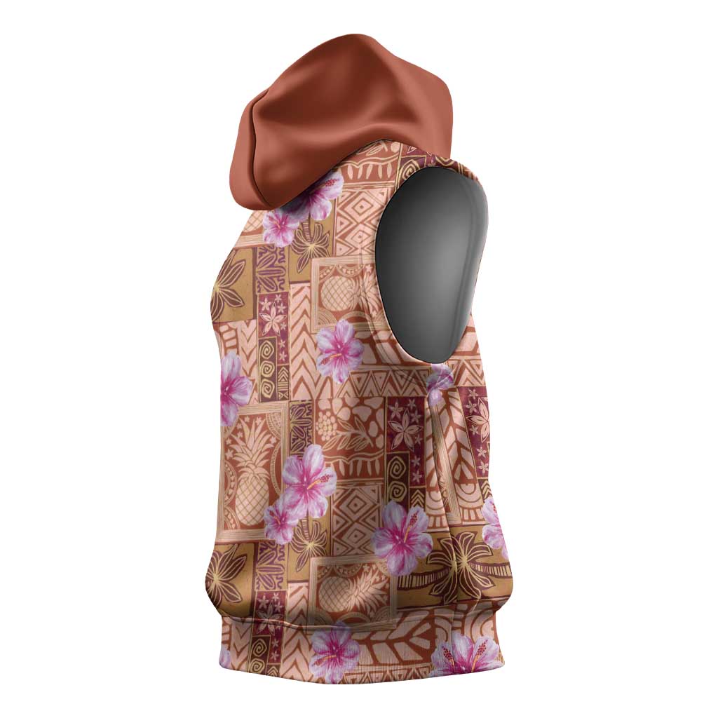 Orange Hawaii Hibiscus With Tropical Flowers Motifs Sleeveless Hoodie - Polynesian Pride