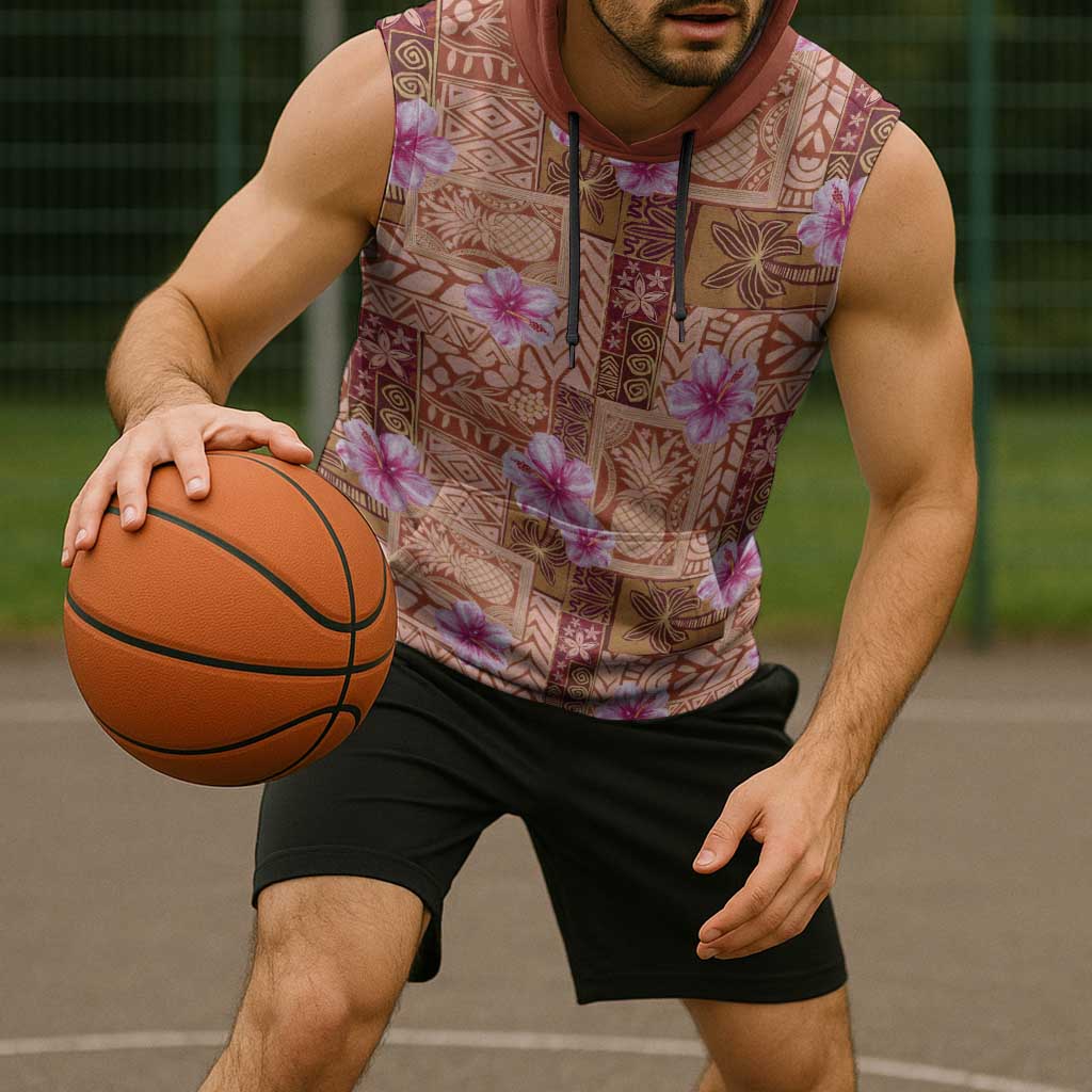 Orange Hawaii Hibiscus With Tropical Flowers Motifs Sleeveless Hoodie - Polynesian Pride