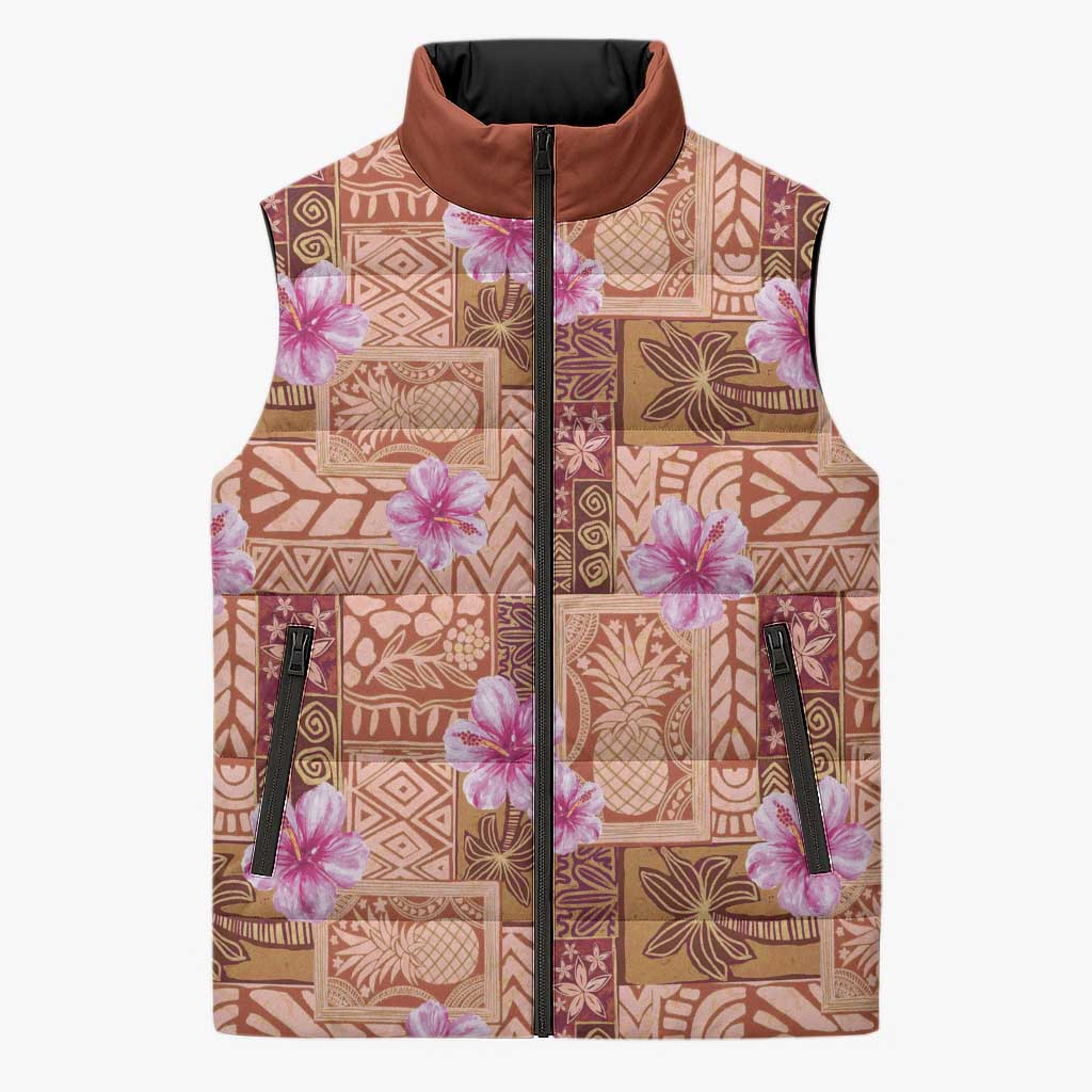 Orange Hawaii Hibiscus With Tropical Flowers Motifs Sleeveless Puffer Jacket - Polynesian Pride