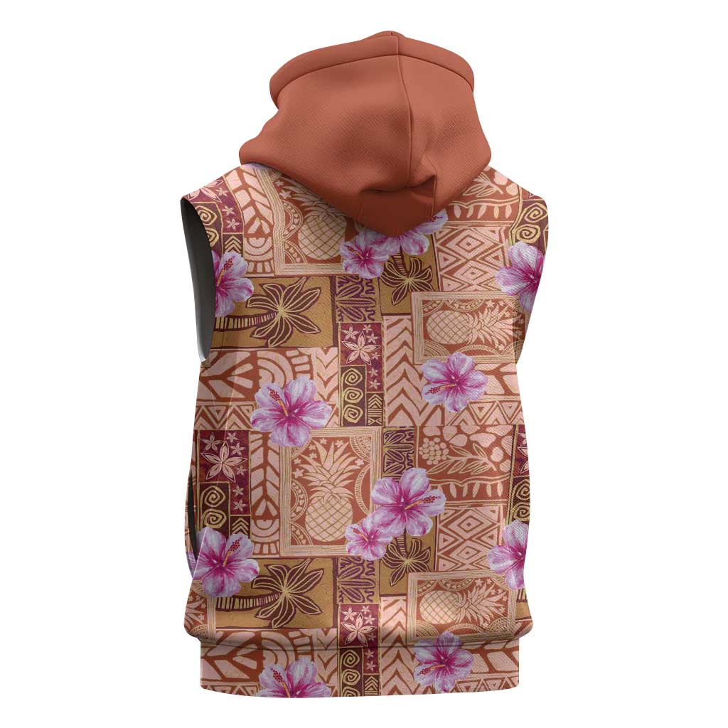 Orange Hawaii Hibiscus With Tropical Flowers Motifs Sleeveless Zip Hoodie - Polynesian Pride