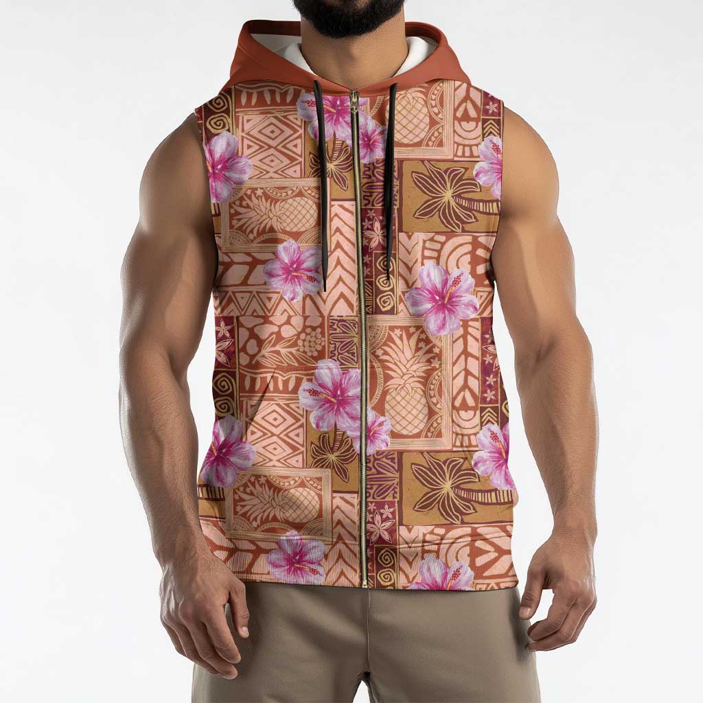 Orange Hawaii Hibiscus With Tropical Flowers Motifs Sleeveless Zip Hoodie - Polynesian Pride