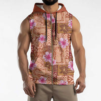 Orange Hawaii Hibiscus With Tropical Flowers Motifs Sleeveless Zip Hoodie - Polynesian Pride