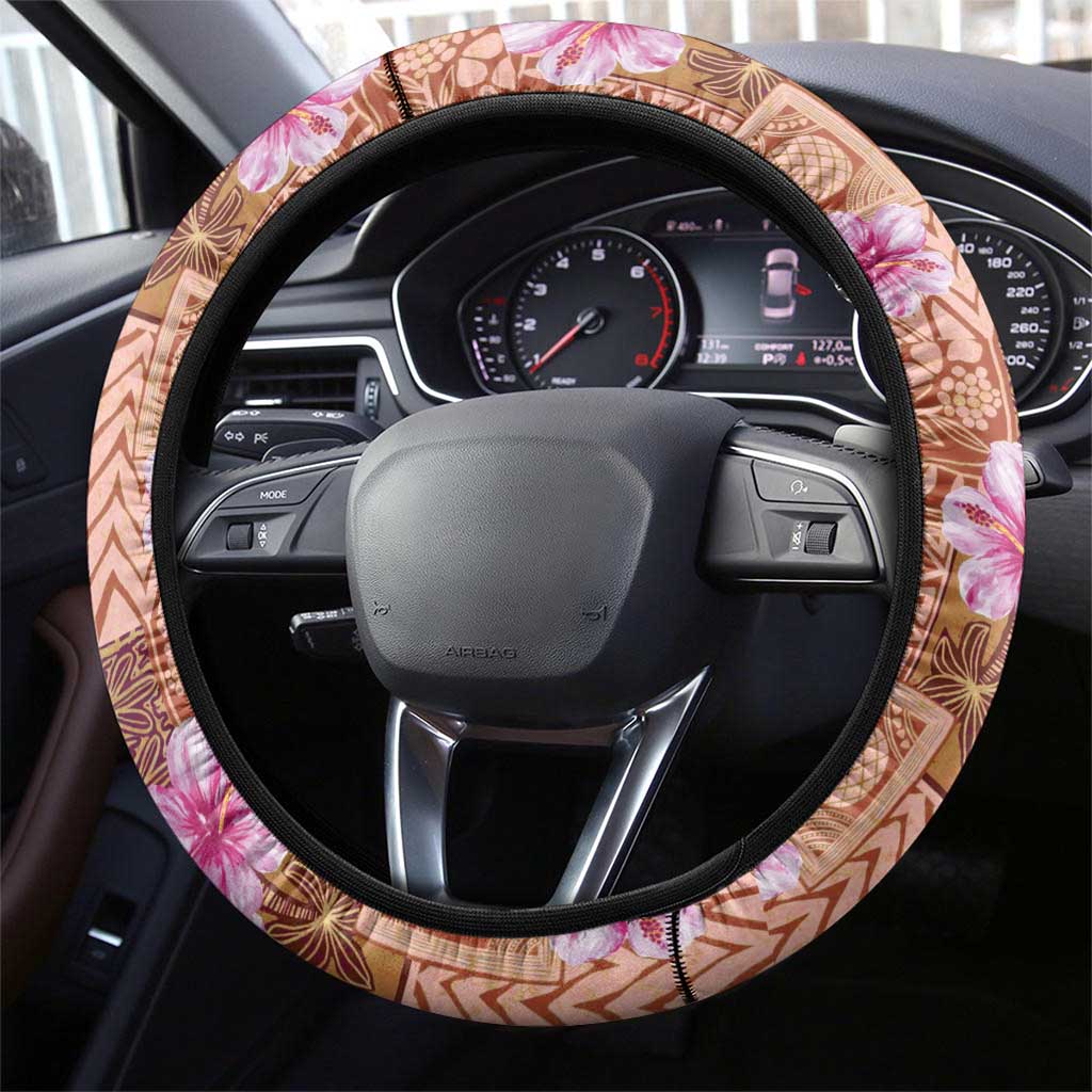 Orange Hawaii Hibiscus With Tropical Flowers Motifs Steering Wheel Cover - Polynesian Pride