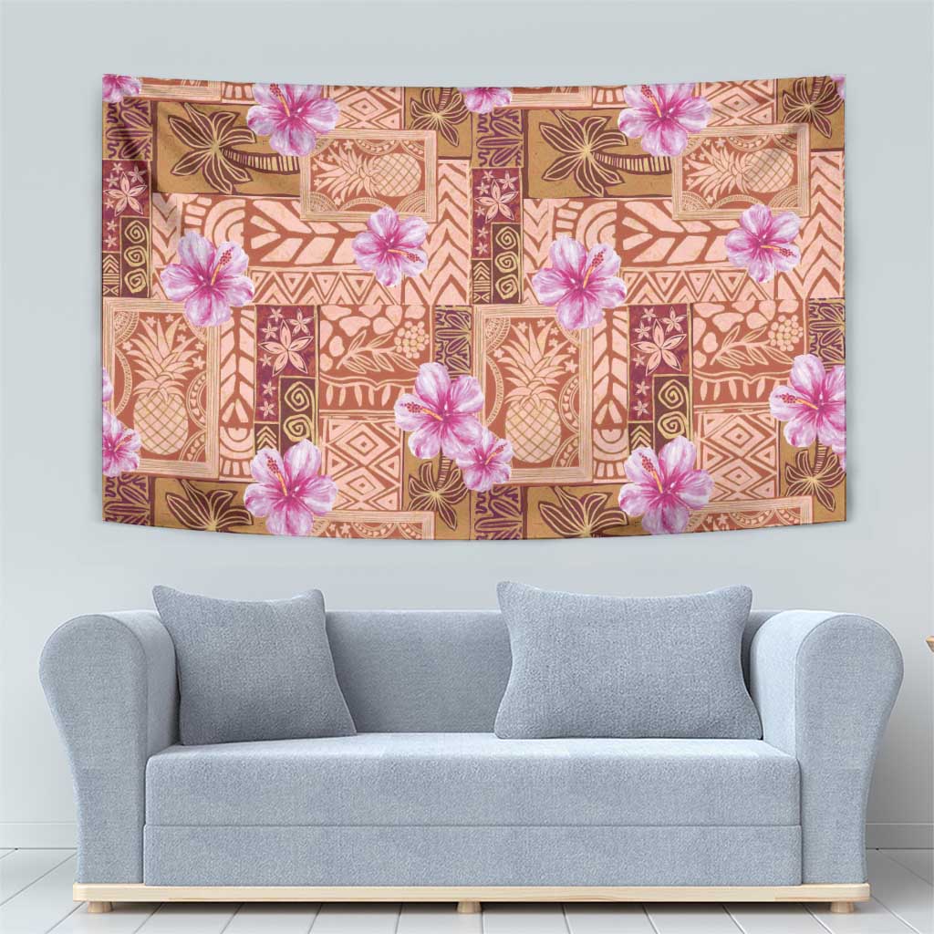 Orange Hawaii Hibiscus With Tropical Flowers Motifs Tapestry - Polynesian Pride