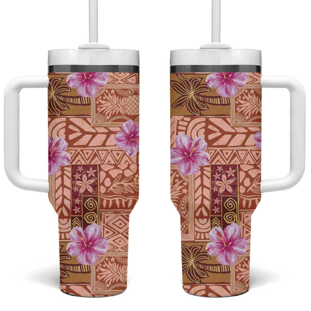 Orange Hawaii Hibiscus With Tropical Flowers Motifs Tumbler With Handle - Polynesian Pride