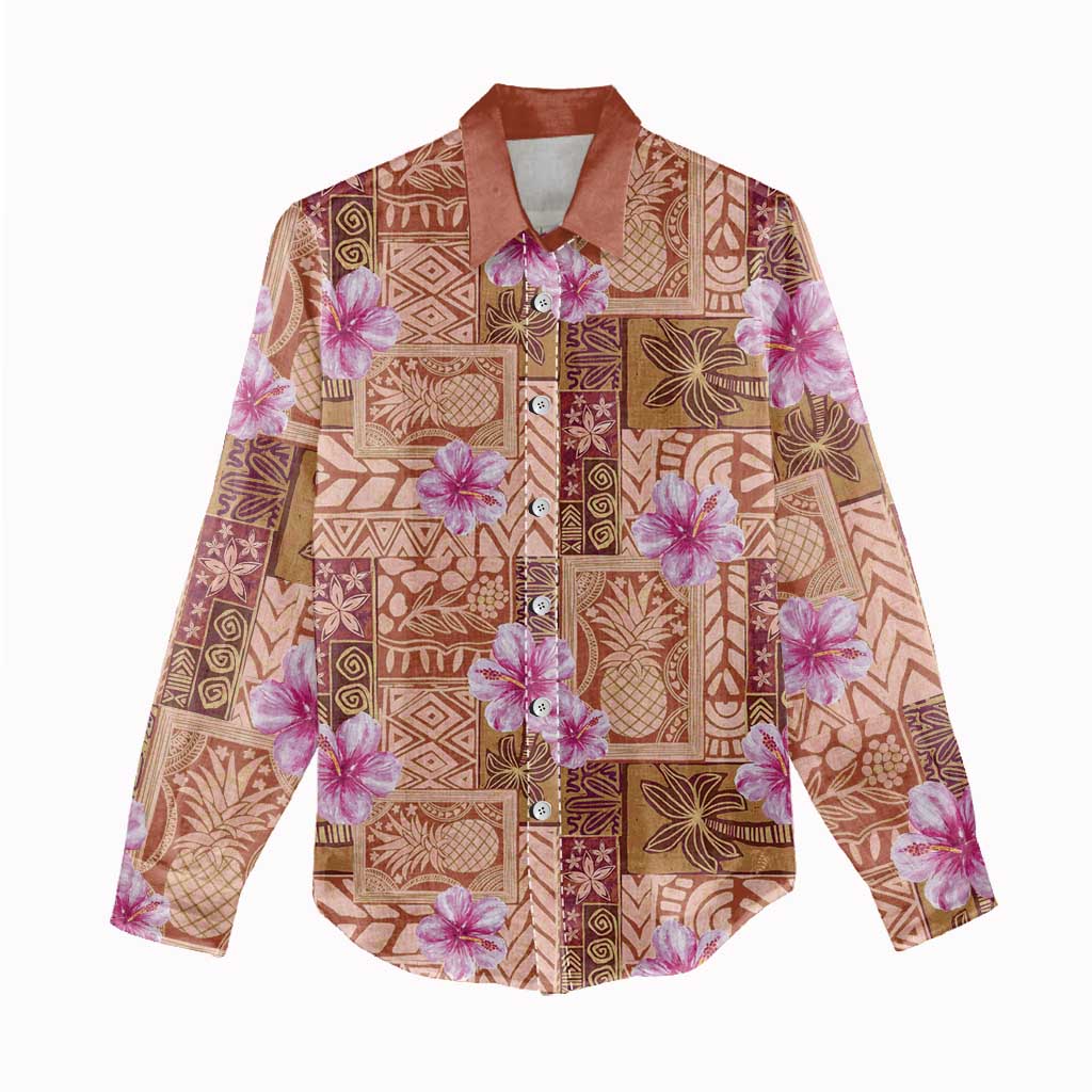 Orange Hawaii Hibiscus With Tropical Flowers Motifs Women Casual Shirt - Polynesian Pride