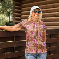 Orange Hawaii Hibiscus With Tropical Flowers Motifs Women Polo Shirt - Polynesian Pride