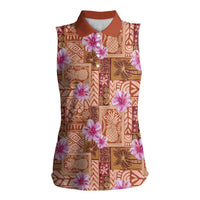 Orange Hawaii Hibiscus With Tropical Flowers Motifs Women Sleeveless Polo Shirt - Polynesian Pride