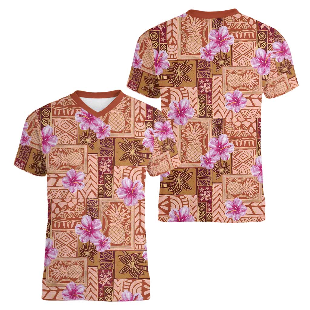 Orange Hawaii Hibiscus With Tropical Flowers Motifs Women V-Neck T-Shirt - Polynesian Pride