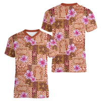 Orange Hawaii Hibiscus With Tropical Flowers Motifs Women V-Neck T-Shirt - Polynesian Pride