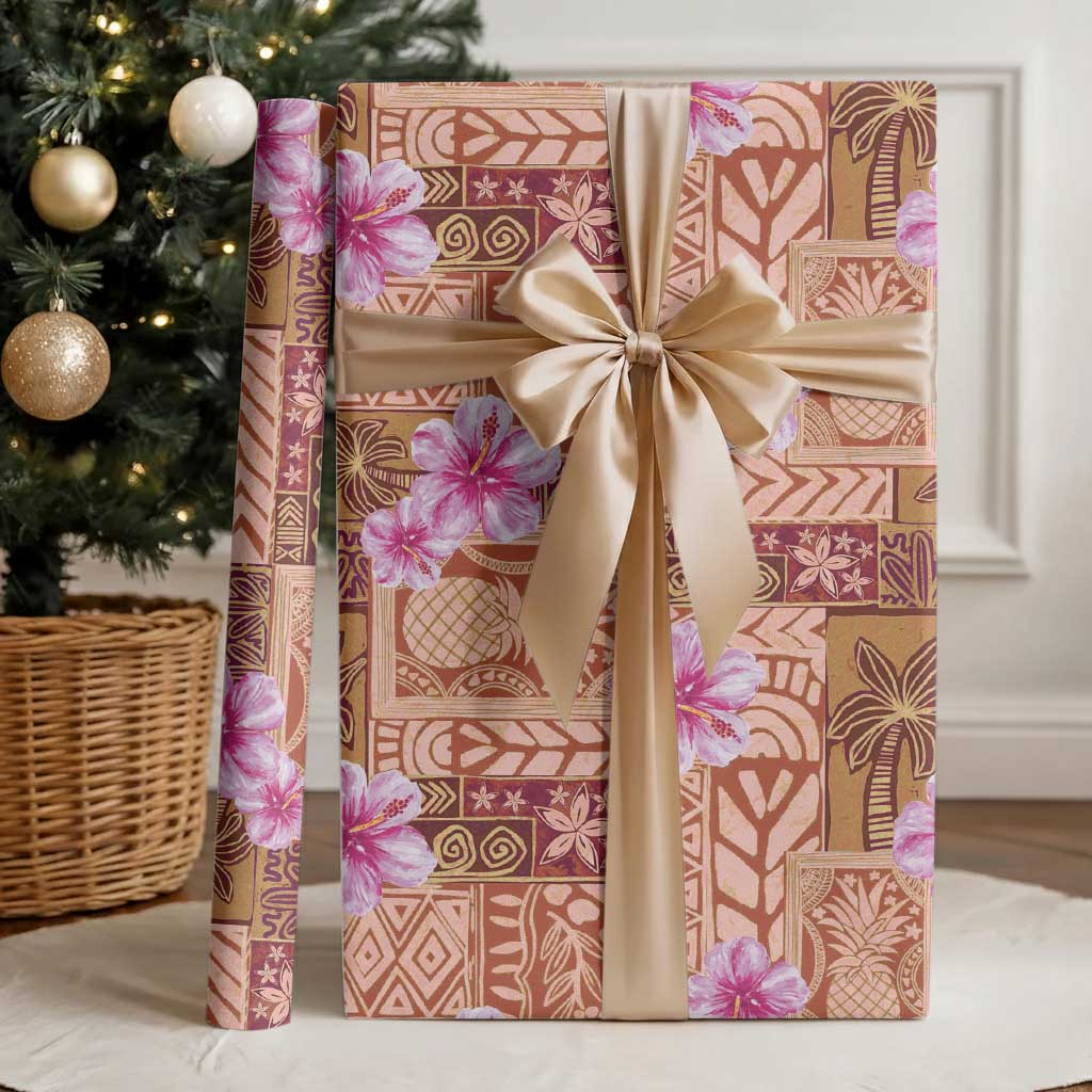 Orange Hawaii Hibiscus With Tropical Flowers Motifs Wrapping Paper - Polynesian Pride