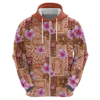 Orange Hawaii Hibiscus With Tropical Flowers Motifs Zip Hoodie - Polynesian Pride