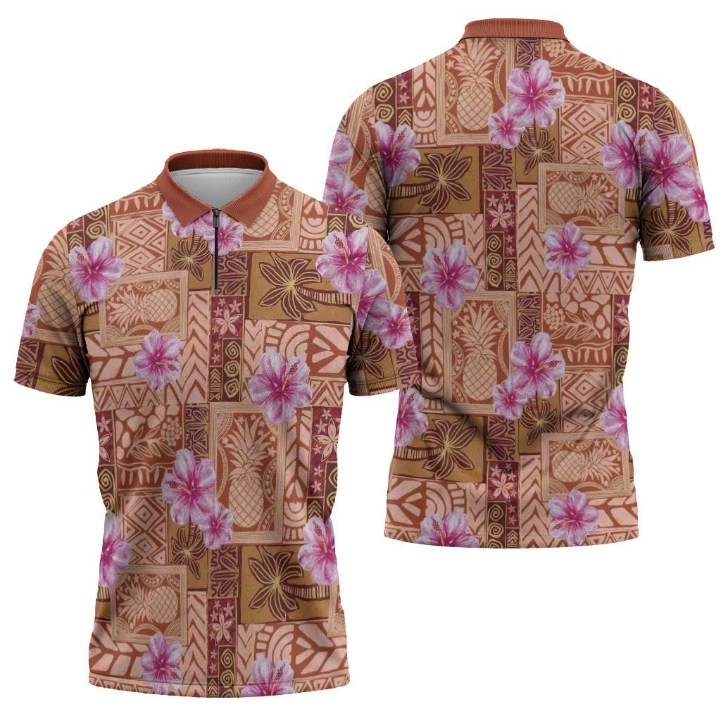 Orange Hawaii Hibiscus With Tropical Flowers Motifs Zipper Polo Shirt - Polynesian Pride