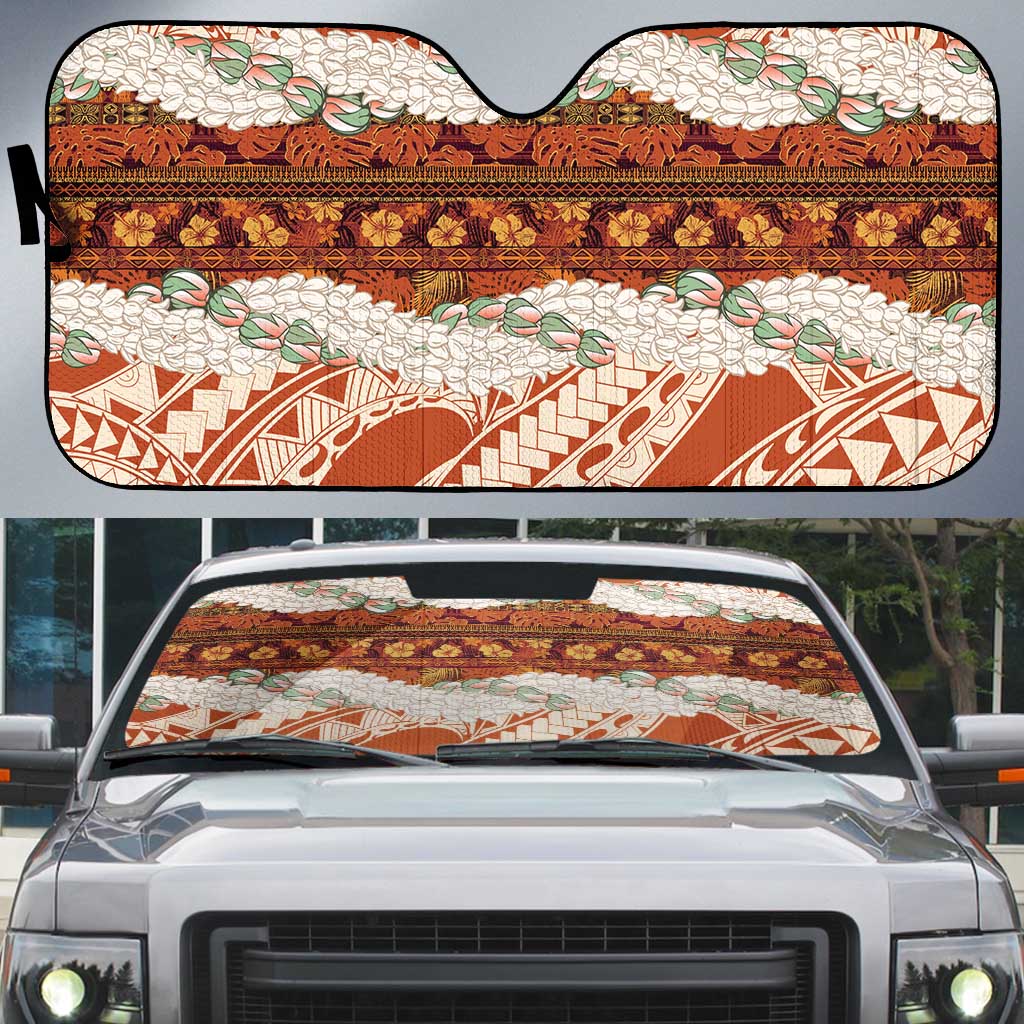 Aloha Hawaii Mikioi Lei Auto Sun Shade Beige Tropical Flower Pattern - Polynesian Pride