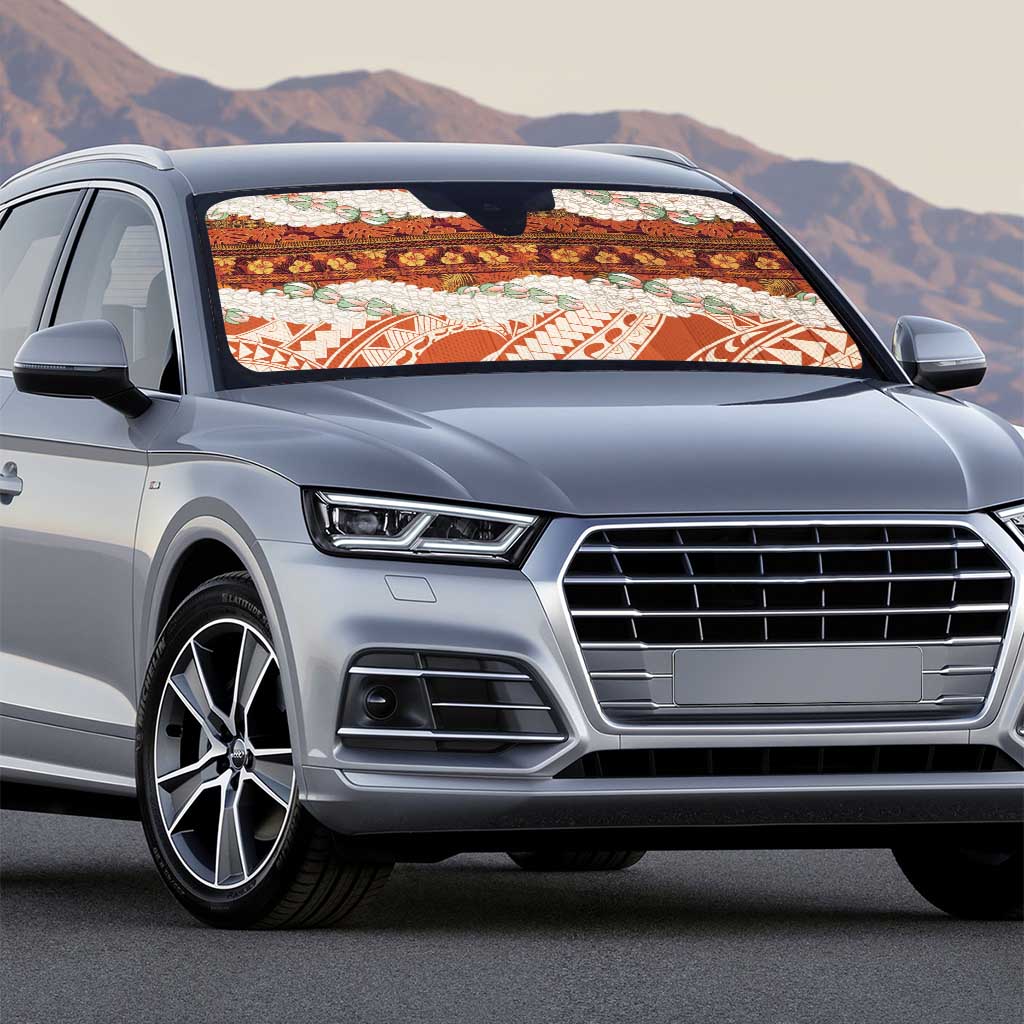 Aloha Hawaii Mikioi Lei Auto Sun Shade Beige Tropical Flower Pattern - Polynesian Pride