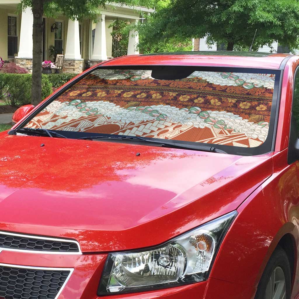 Aloha Hawaii Mikioi Lei Auto Sun Shade Beige Tropical Flower Pattern - Polynesian Pride