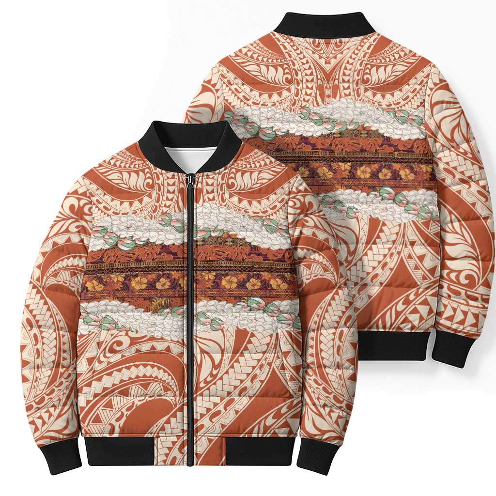 Aloha Hawaii Mikioi Lei Bomber Puffer Jacket Beige Tropical Flower Pattern - Polynesian Pride